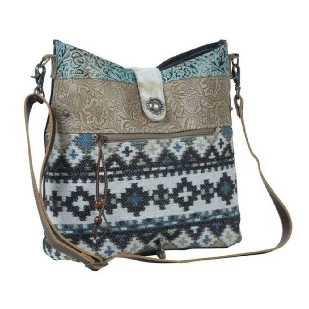 Myra Bag Handmade Brave Shoulder Bag Upcycled Canvas & Cowhide Leather - Picture 3 of 9